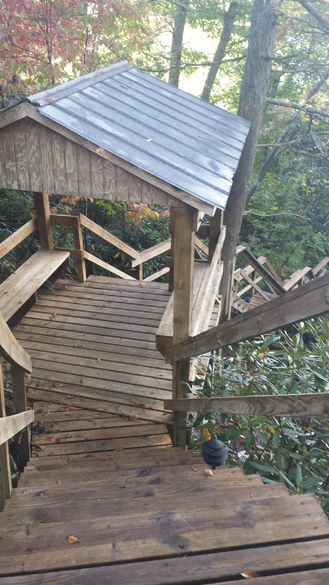 Metal roofed shelter over wooden steps on a wooded walkway — Skylight Repair & Installation work by our crew in Goodhue